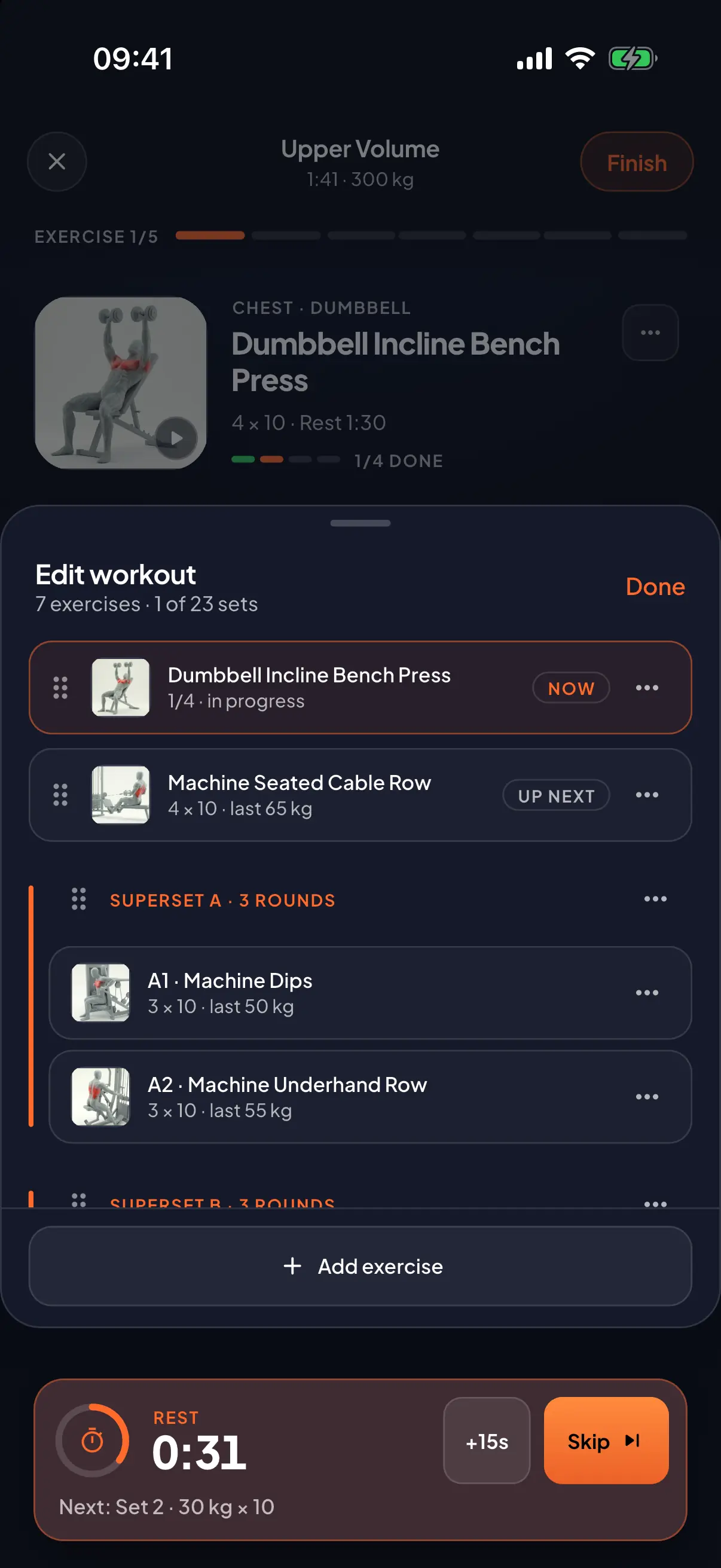 Editing a workout in progress in GymVim: the exercise list with the current and next exercise, two supersets with their rounds, and an Add exercise button, above a running rest timer