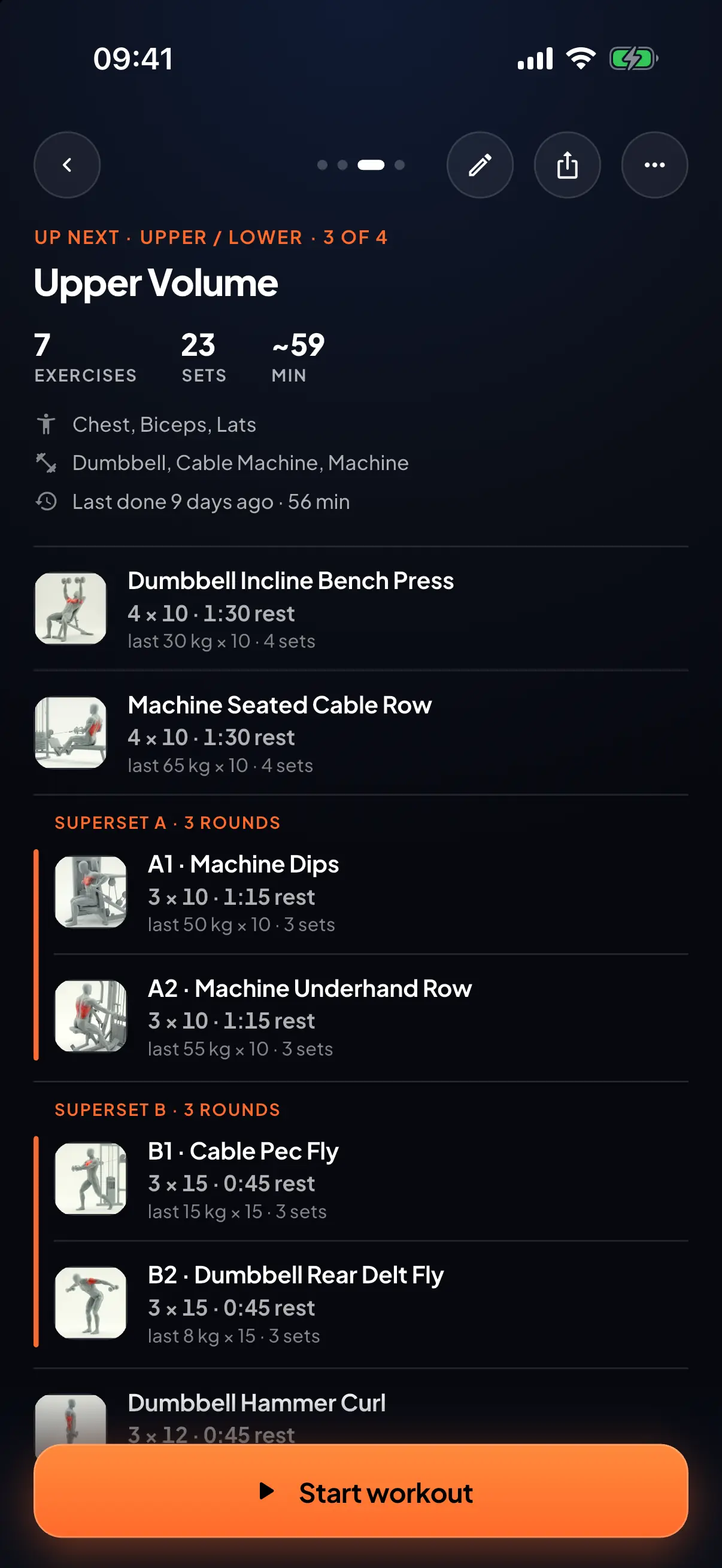 A day of a GymVim training plan laid out: Upper Volume, day 3 of 4, with each exercise's sets, rest, supersets and last weights