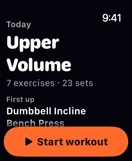 The GymVim Apple Watch start screen: today's Upper Volume, 7 exercises and 23 sets, starting with a Dumbbell Incline Bench Press, and a Start workout button