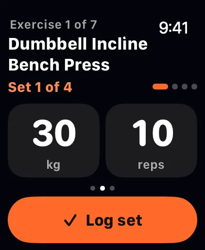 Logging a set on Apple Watch: Dumbbell Incline Bench Press, set 1 of 4 at 30 kg for 10 reps, and a Log set button