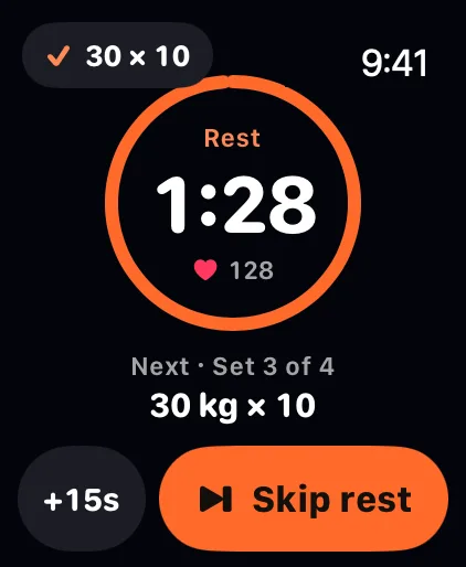 The rest timer on Apple Watch: 1:28 left on the ring, set 3 of 4 at 30 kg for 10 reps up next, with +15s and Skip rest
