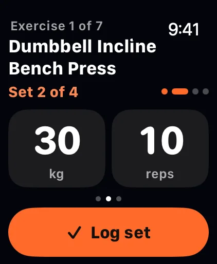 The GymVim Apple Watch app mid-workout: set 2 of 4 of a Dumbbell Incline Bench Press at 30 kg for 10 reps