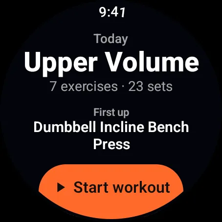 The GymVim Wear OS start screen: today's Upper Volume, 7 exercises and 23 sets, starting with a Dumbbell Incline Bench Press, and a Start workout button