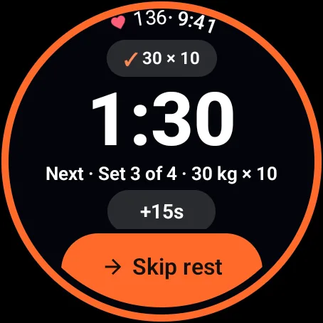 The rest timer on Wear OS: 1:30 on a ring around the screen, set 3 of 4 at 30 kg for 10 reps up next, with +15s and Skip rest