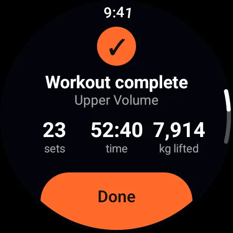 The workout summary on Wear OS: 23 sets and 7,914 kg lifted in 52 minutes 40 seconds