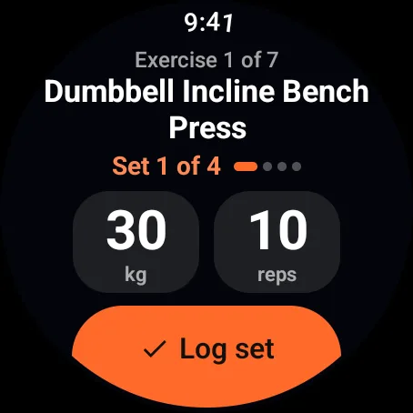 The GymVim Wear OS app mid-workout: Dumbbell Incline Bench Press, set 1 of 4 at 30 kg for 10 reps